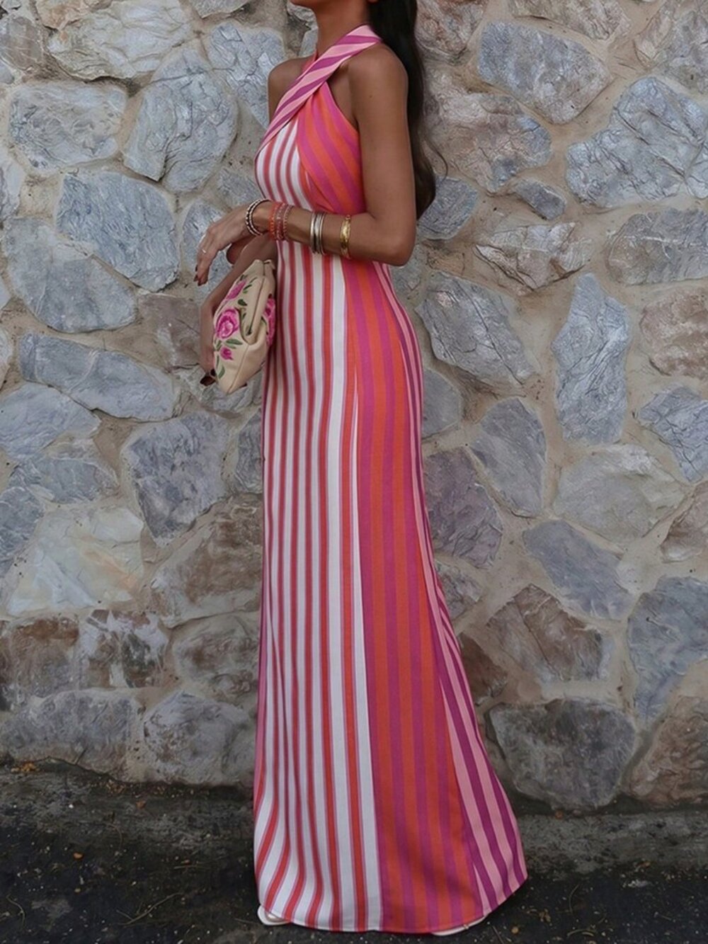 Fuchsia Elegant Women's Multicolor Striped Dress - Picture 4 of 4